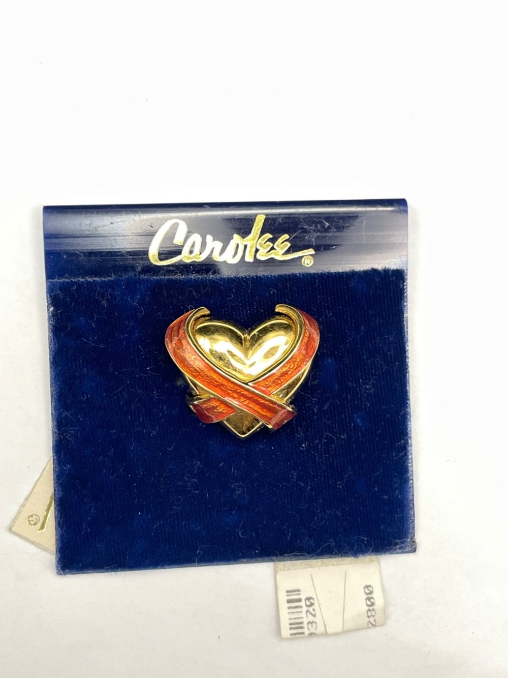 Vintage Carolee Gold Tone Orange Enamel Ribbon Puffy Heart Pin NWT